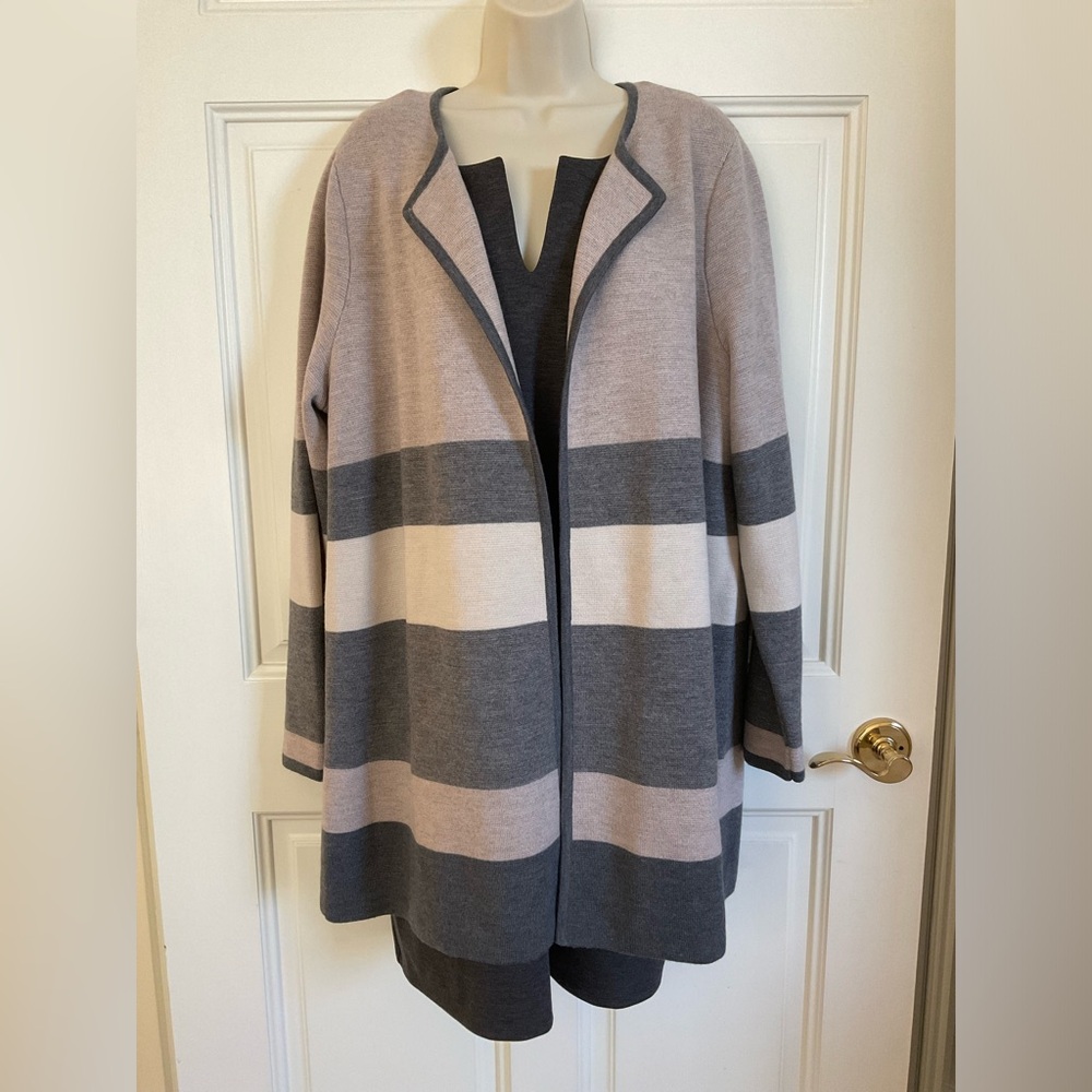 Talbots woman 100Merino wool cardigan duster open front gray/tan heavyweight NWT